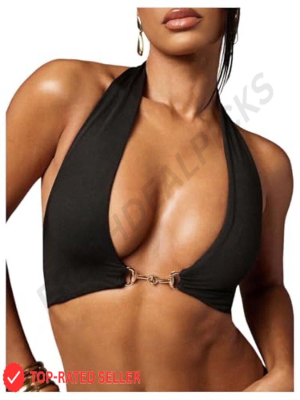 Women's Deep V Metal Link Halter Crop Tank Top Sleeveless Backless